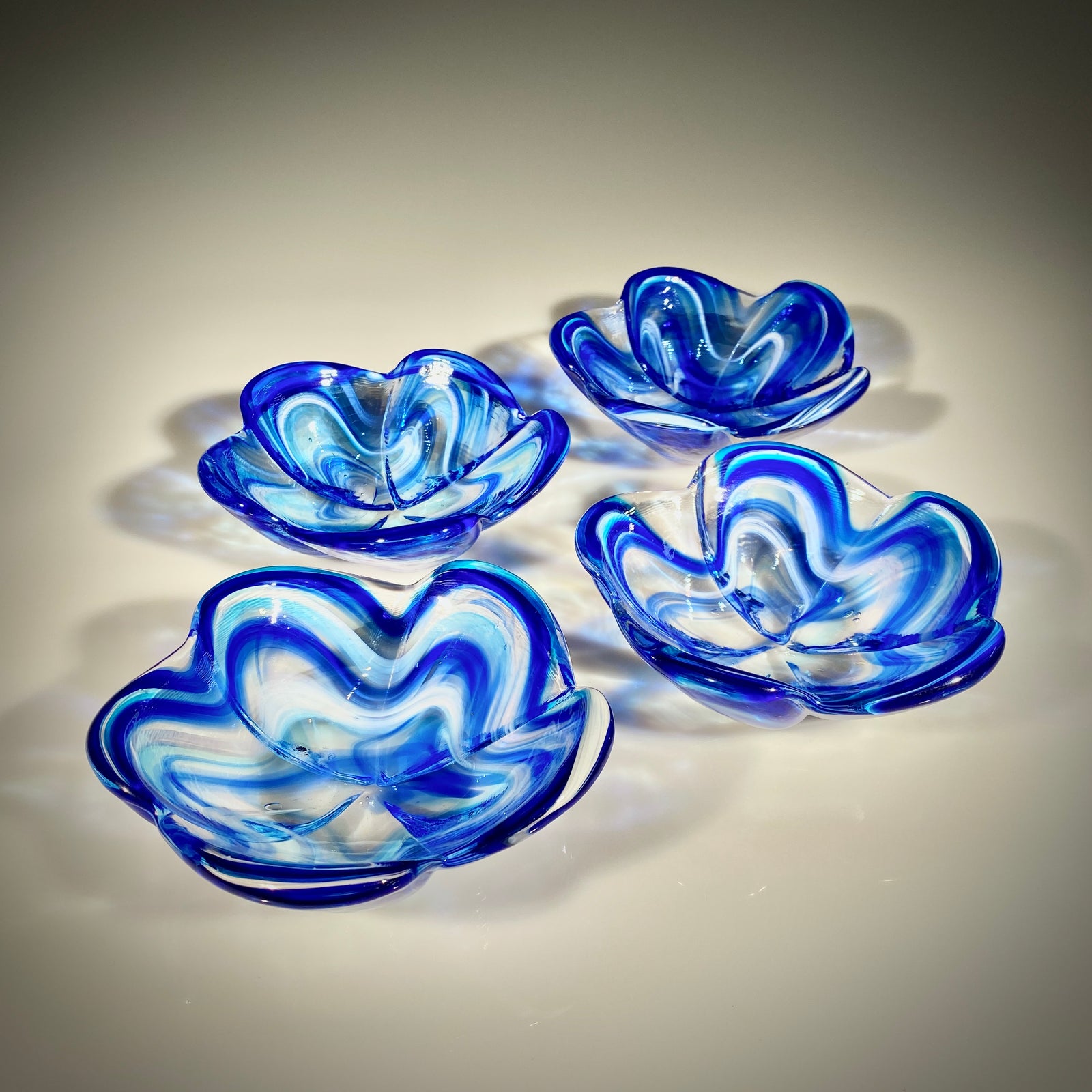 Set of Four Cobalt/Aqua Large Plumeria Bowls