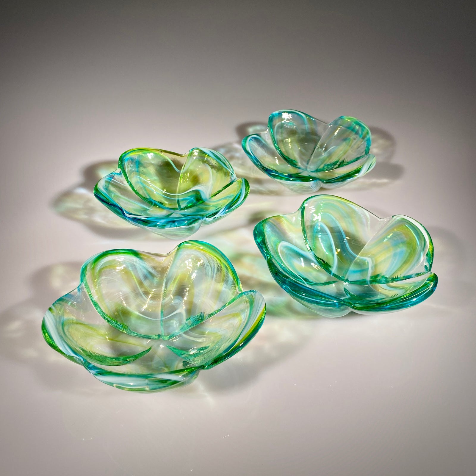 Set of Four Lime/Aqua Large Plumeria Bowls