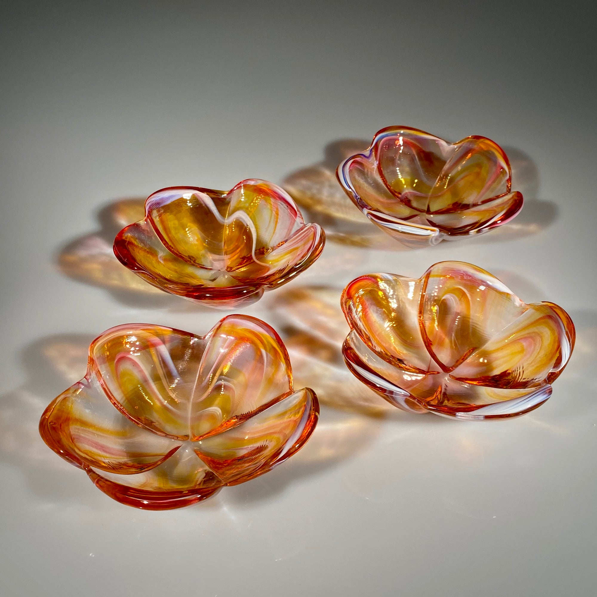 Set of Four Amber/Ruby Large Plumeria Bowls